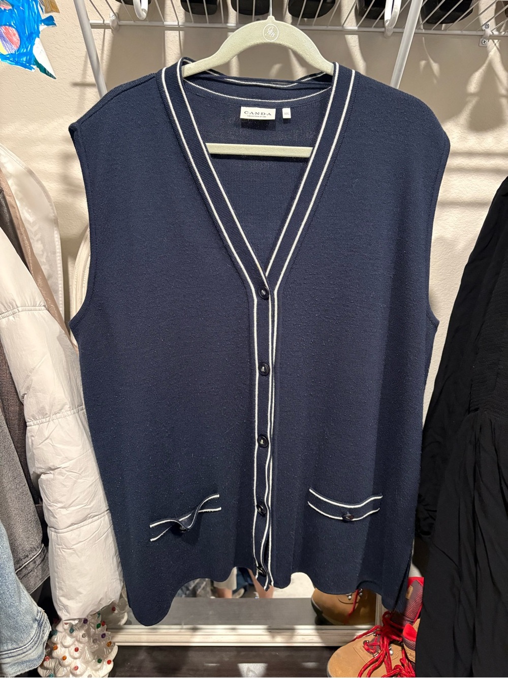 Women's Navy Button-Front Sweater Vest with White Trim